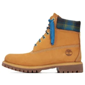 6-Inch Premium-Stiefel (15 cm) „Weizenfarben mit blauem Tartan-Kragen“