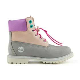 Valentines Day 6-Inch Premium-Stiefel mit breiter Passform und wasserdichter Sohle „Graues und beiges Nubukleder mit violettem Kragen“